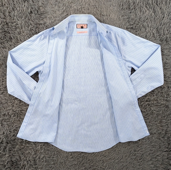 Thomas Pink Shirt Men's 15.5 Blue Green Stripes Button Down Traveller Slim Fit - Picture 2 of 6